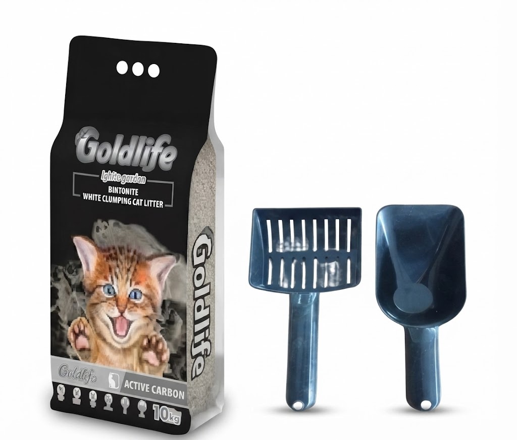 Goldlife 10 KG Aktif Karbonlu Topaklanan Kedi Kumu Pratik Kürek Seti(Kedi Kum Küreği+Kedi Mama Küreği)